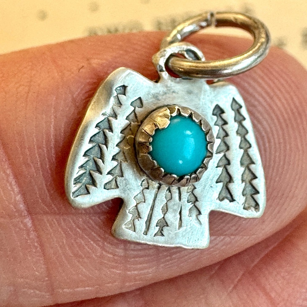 Tiny Navajo Thunderbird Turquoise Pendant Harvey Era Sterling Charm Native VTG